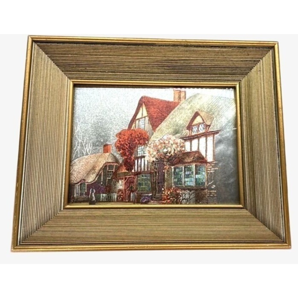 Vintage Foil Art Print In Gold Frame Featuring Charming Cottage Scene